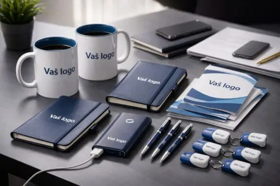Različiti brendirani promo proizvodi poput šolja, notesa, power bank uređaja i hemijskih olovaka