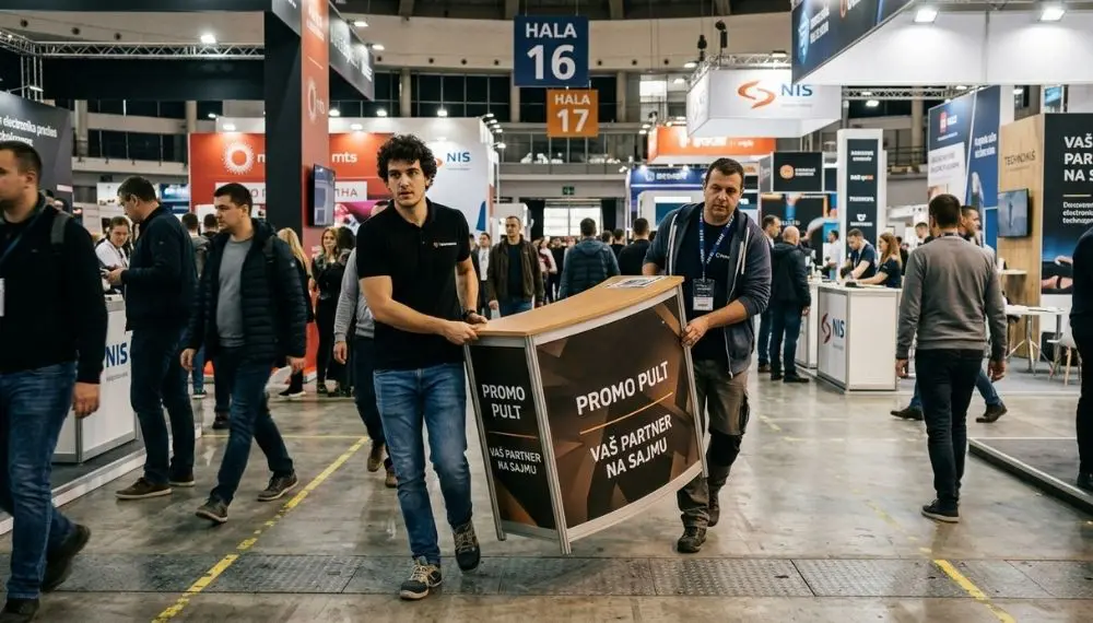 Promo pult za firme - kako izabrati pult koji privlači pažnju na sajmovima 5 Dvojica muškaraca nose promo pult kroz sajamski prostor pre postavljanja štanda
