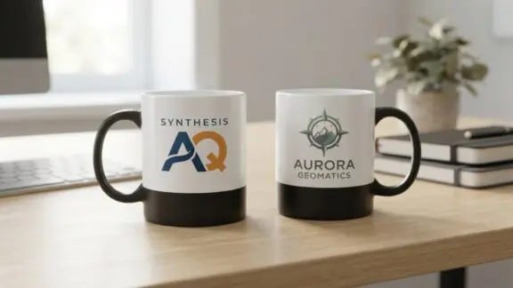 Dve reklamne šolje sa logotipima na radnom stolu pored tastature i sveski.