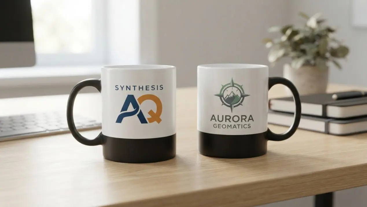 Dve reklamne šolje sa logotipima na radnom stolu pored tastature i sveski.