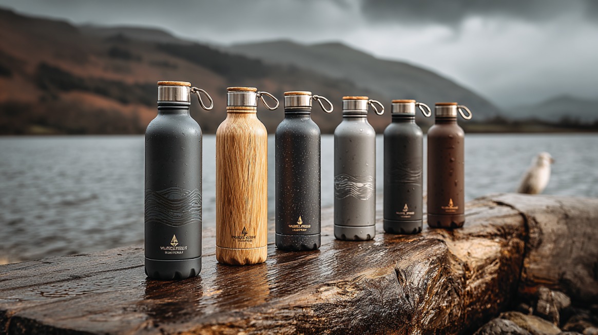 Red termo boca različitih boja i dezena sa ugraviranim logotipom, postavljenih na drvenoj površini pored jezera, sa planinama u pozadini