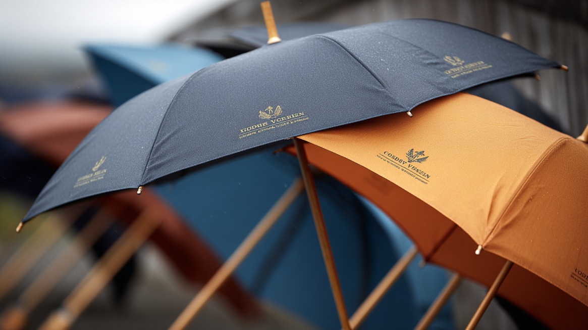 Plavi i narandžasti kišobrani sa zlatnim logotipom i natpisom, poređani na otvorenom prostoru tokom kiše