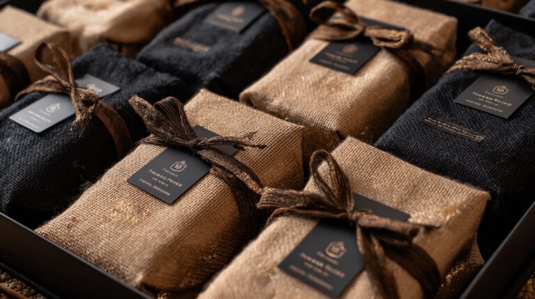 Ekološka poklon pakovanja u crnoj i braon tkanini, vezana trakama i brendirana elegantnim etiketama