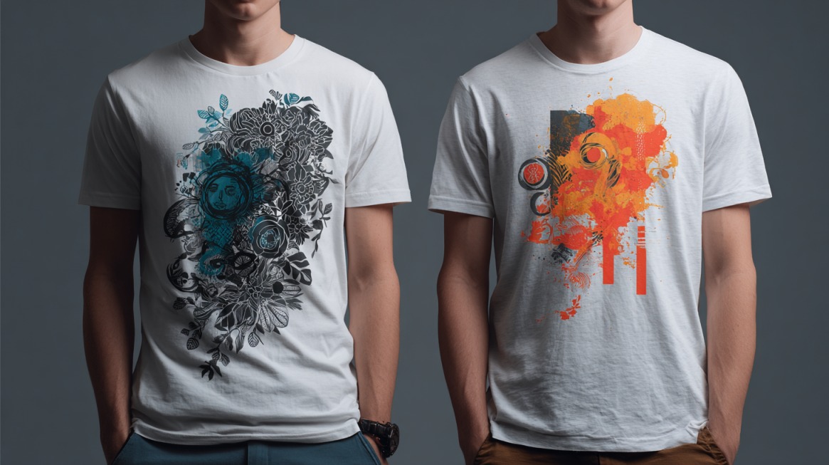 Dve bele reklamne majice sa apstraktnim, šarenim i umetničkim printovima na prednjem delu