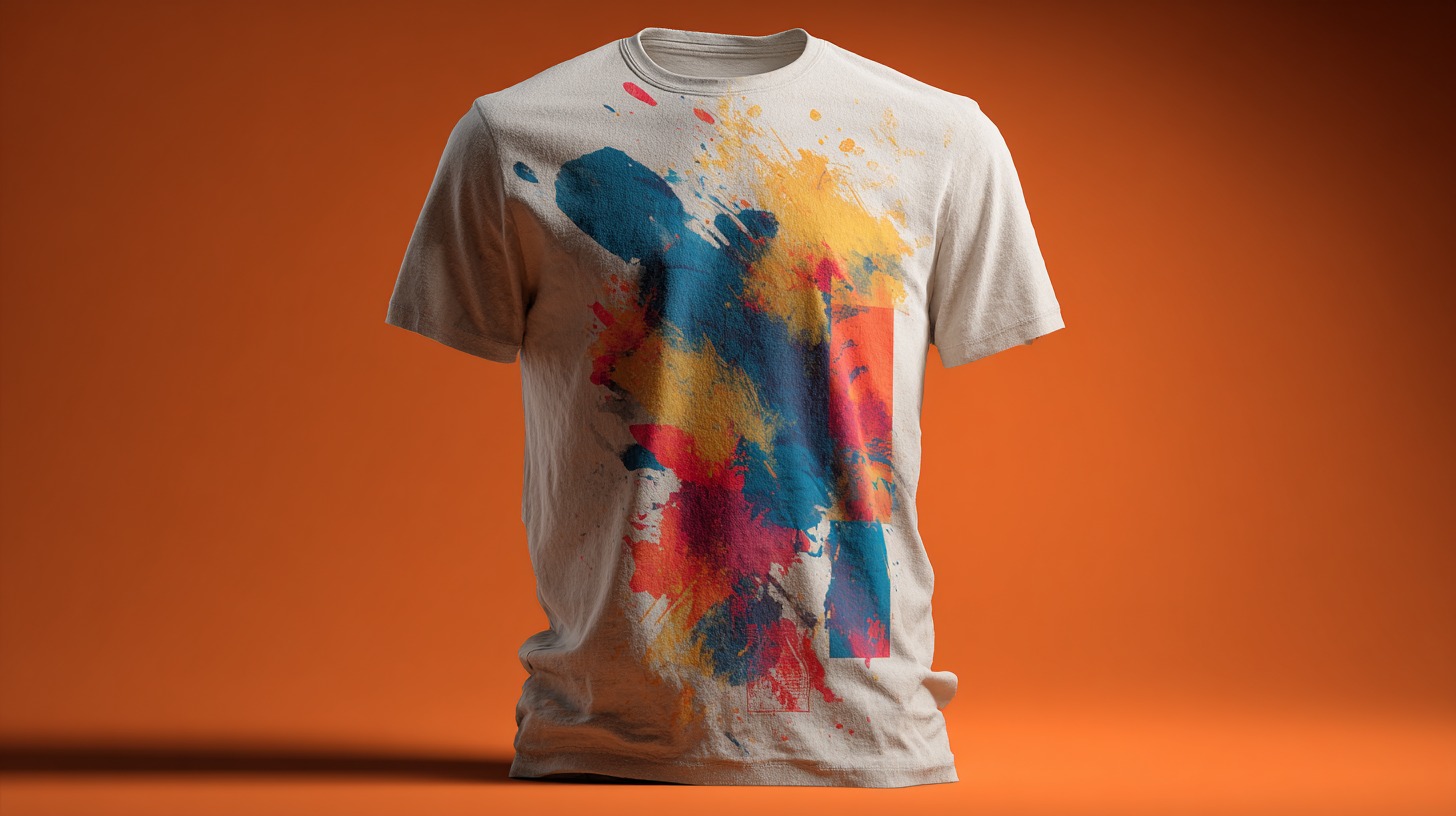 Bela majica sa šarenim printom u apstraktnom stilu, na narandžastoj pozadini