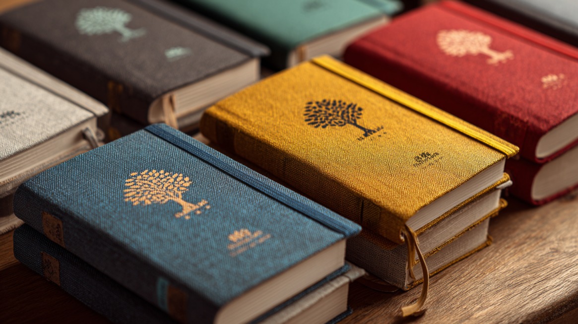 Raznobojni notesi i rokovnici od platna sa zlatnim i crnim otiskom logotipa drveta, poređani na stolu