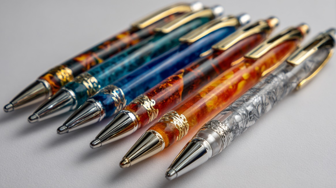 Šest elegantnih hemijskih olovaka u različitim bojama sa metalnim i zlatnim detaljima