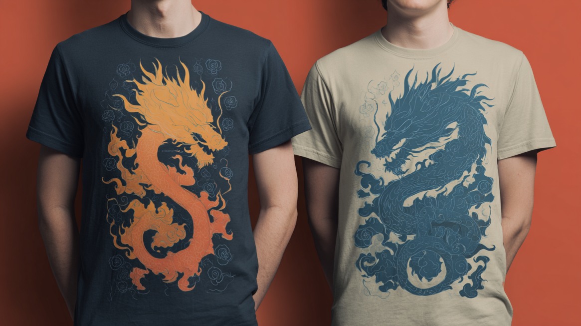 Dve majice sa upečatljivim printom zmajeva, jedna u narandžastoj a druga u plavoj boji