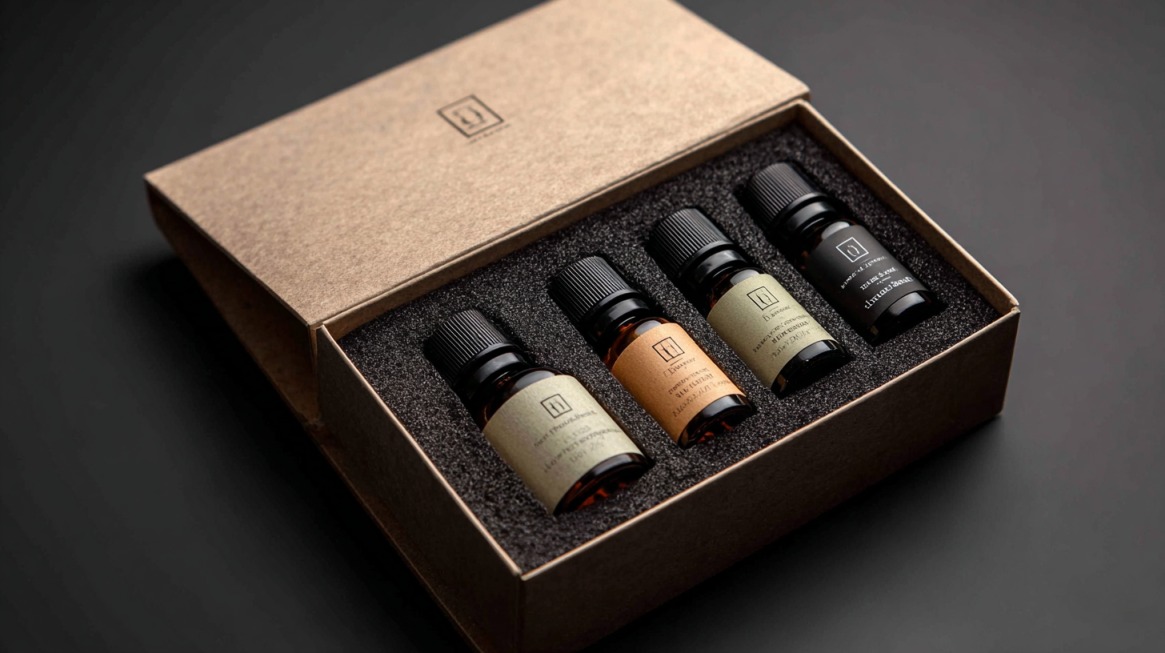 Luksuzni promo gift set sa četiri bočice smeštene u crnoj peni, upakovane u ekološki kartonski poklopac