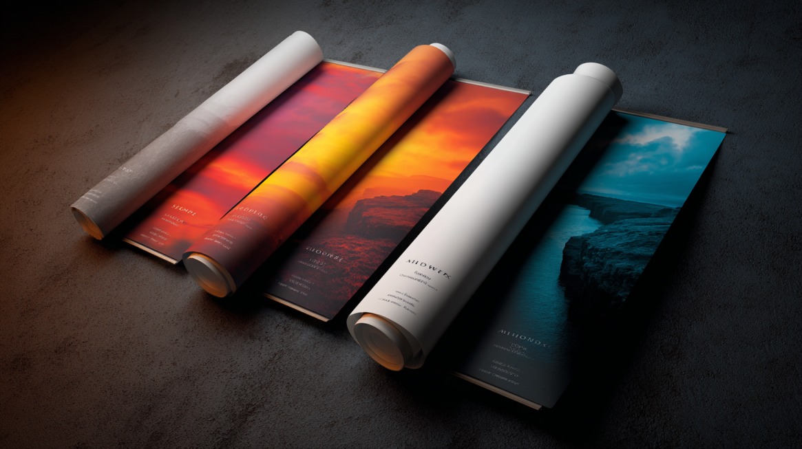 Više reklamnih plakata u jarkim bojama i različitim dizajnima, delimično odmotanih i poređanih na tamnoj podlozi