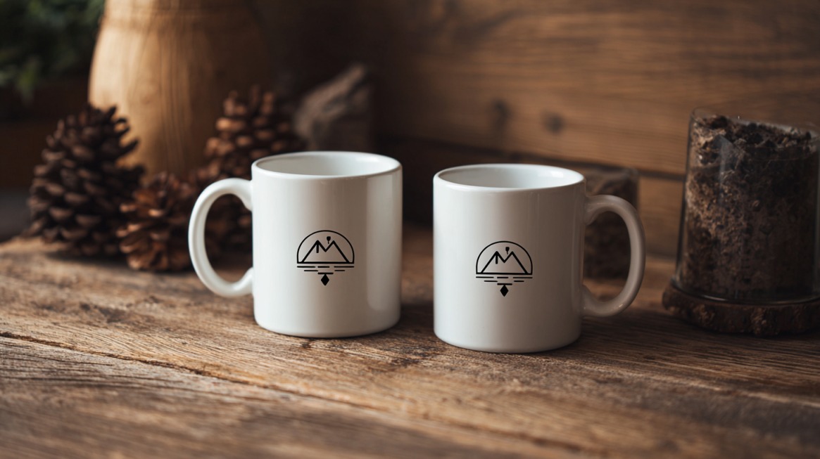 Dve bele keramičke šolje sa crnim minimalističkim logotipom na drvenoj podlozi