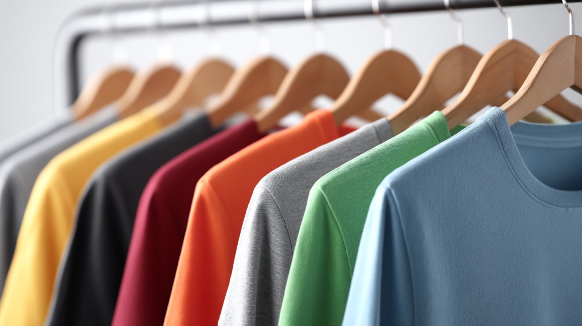 Šarene majice različitih boja poređane na ofingerima