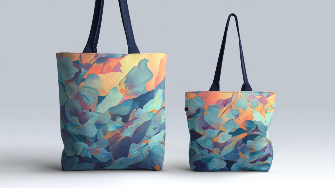 Dve platnene torbe sa šarenim apstraktnim printom i tamnim ručkama