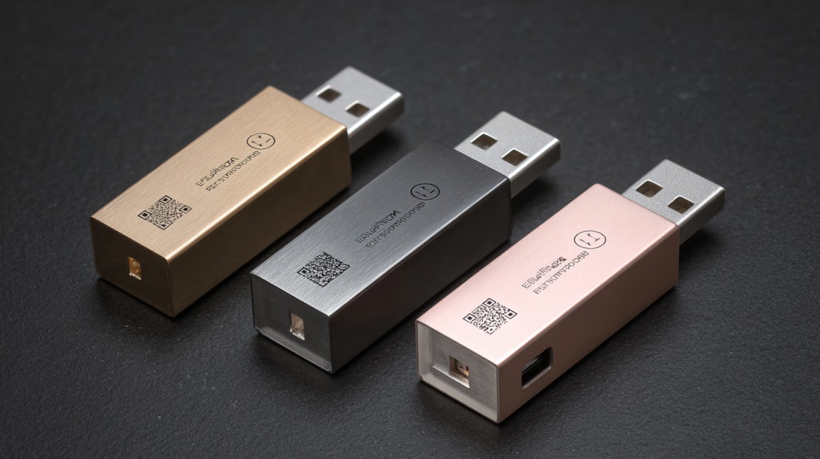 Tri metalna USB stika u zlatnoj, sivoj i roze boji sa ugraviranim logotipom i QR kodom