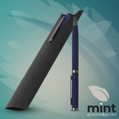 Plava metalna hemijska olovka sa crnim držačem i futrolom