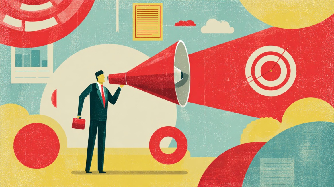 Ilustracija poslovnog čoveka sa megafonom iz kojeg izlazi crvena zraka usmerena ka meti