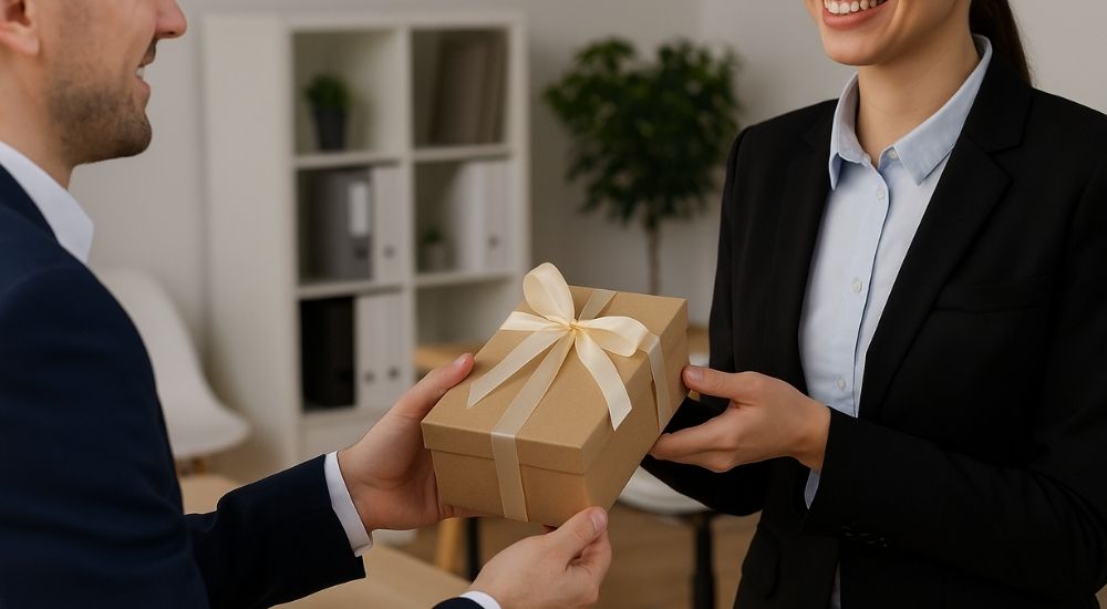 Dvoje poslovnih ljudi u kancelariji razmenjuju poklon u elegantnom pakovanju sa mašnom.