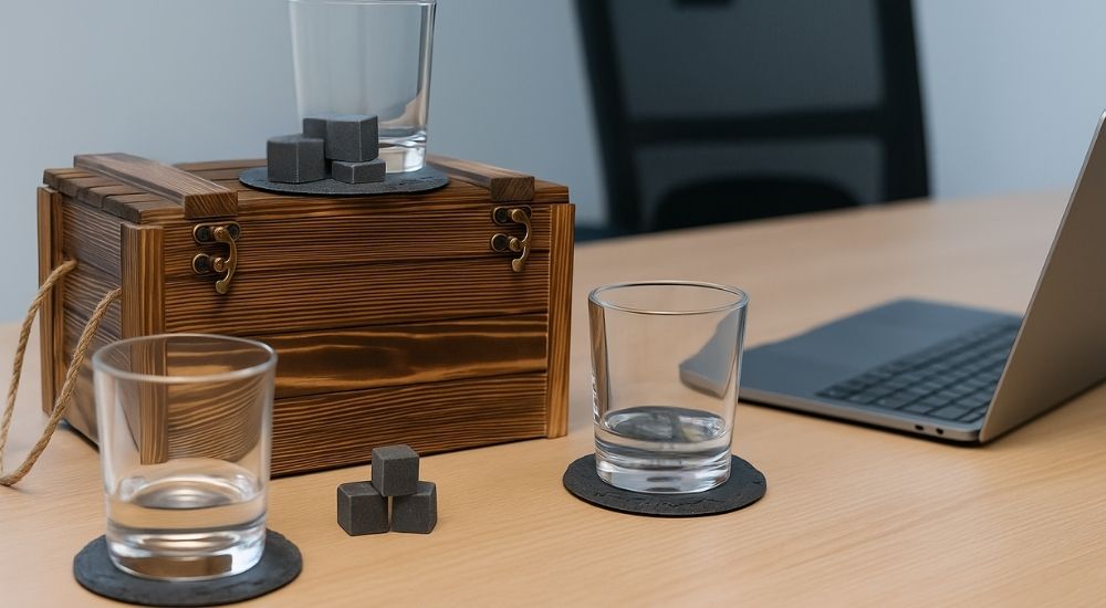 Whiskey poklon set sa drvenom kutijom, čašama i ledom, elegantno postavljen na kancelarijskom stolu.