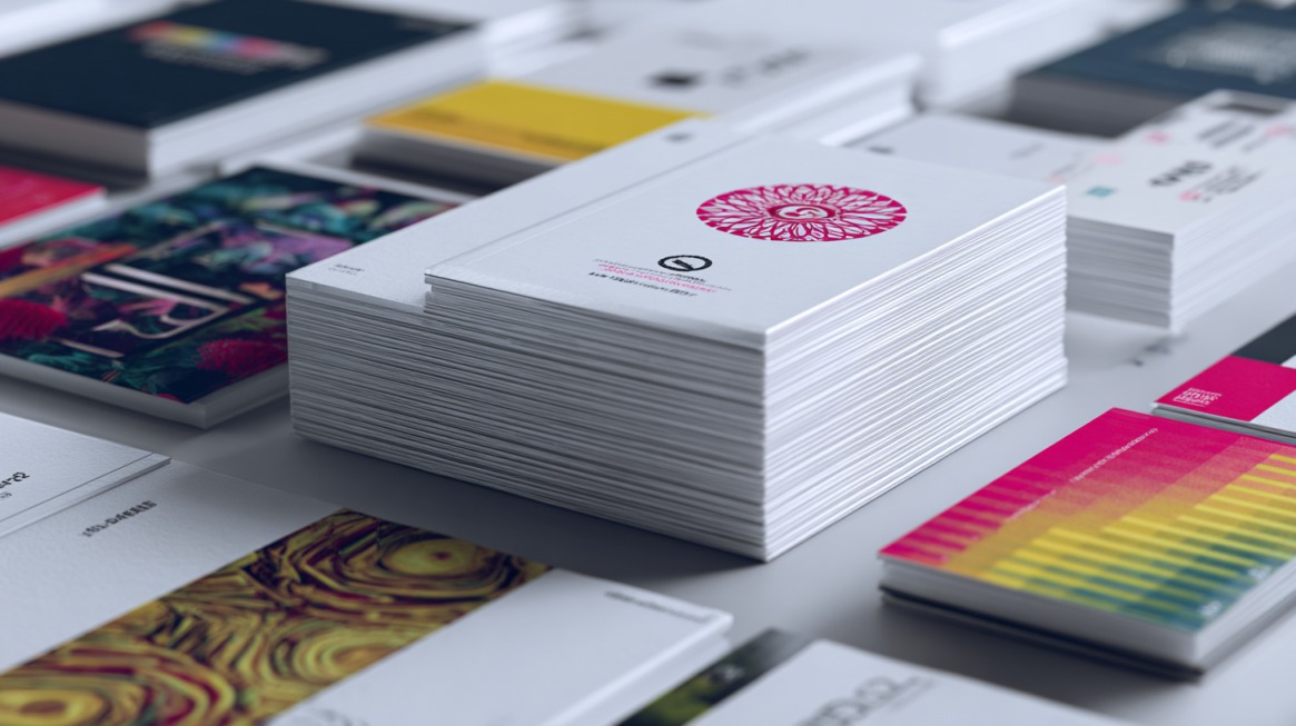 Stogovi vizit karti i promotivnih brošura složenih na stolu, različitih boja i dizajna