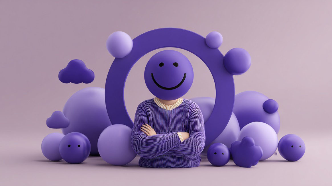 Ilustracija figure sa ljubičastom loptom sa nasmejanim licem umesto glave, okružena ljubičastim oblicima i oblacima
