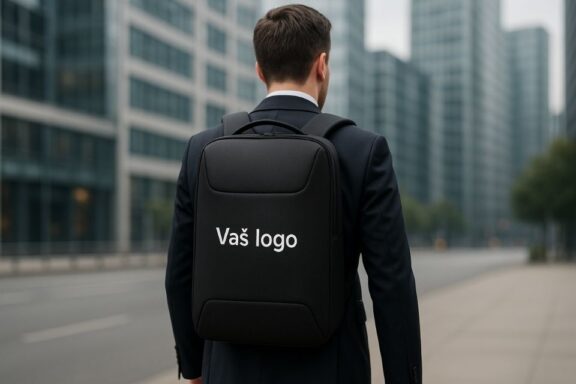 Muškarac u poslovnom odelu nosi moderan crni poslovni ranac na leđima.