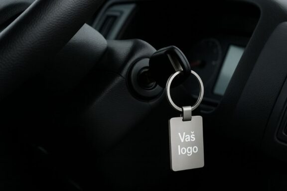 Ključevi u kontakt bravi kamiona sa pravougaonim metalnim priveskom na privesku.