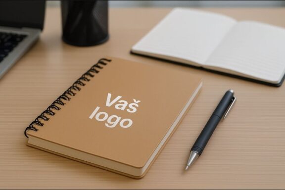 Notes i hemijska olovka uredno postavljeni na kancelarijskom stolu sa laptopom u pozadini.