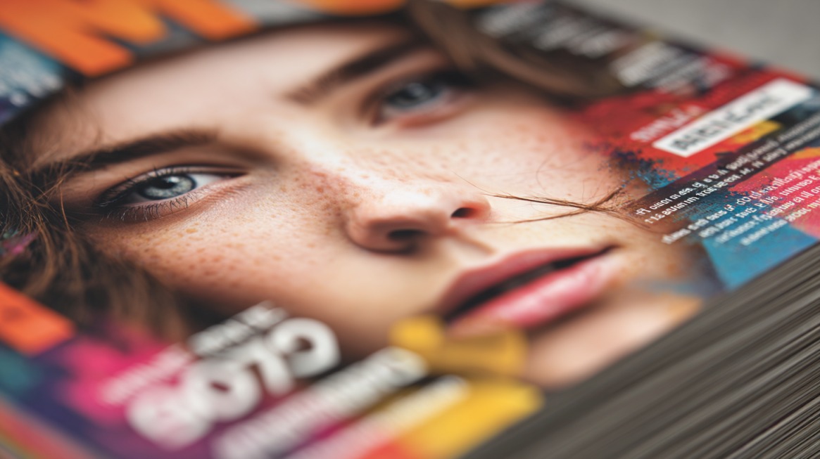 Naslovnica časopisa sa krupnim planom lica mlade žene, okružena jarkim bojama i tekstom