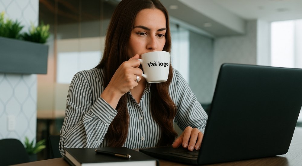 Žena u kancelariji pije kafu iz šolje sa natpisom „Vaš logo“ dok radi na laptopu.