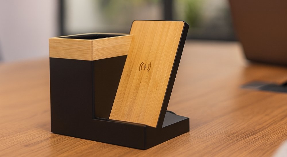 Bežični punjač i držač za olovke od bambusa i crnog metala stoji na kancelarijskom stolu.