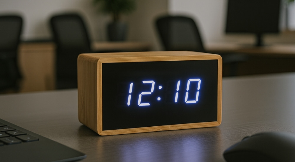 Digitalni sat sa drvenim okvirom i plavim LED displejem prikazuje vreme na kancelarijskom stolu.