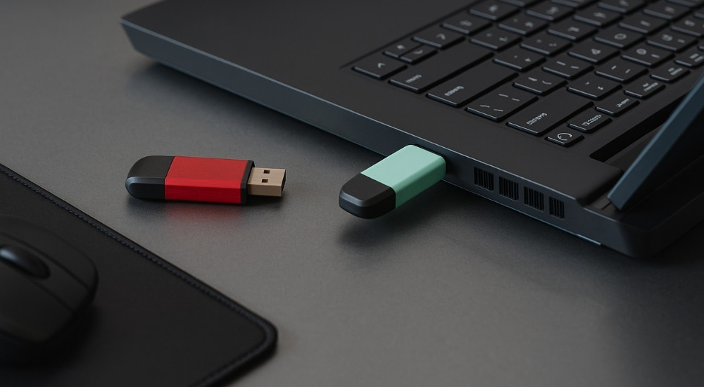 Dve USB memorije povezane uz laptop na radnom stolu, spremne za upotrebu.