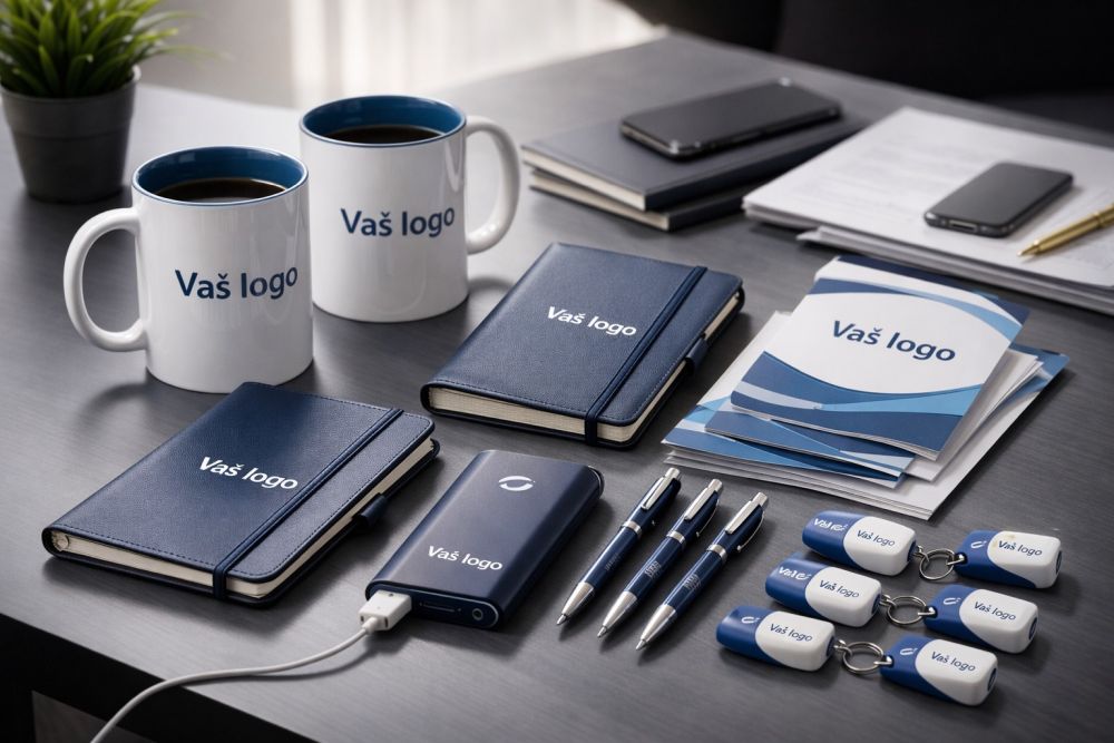 Različiti brendirani promo proizvodi poput šolja, notesa, power bank uređaja i hemijskih olovaka