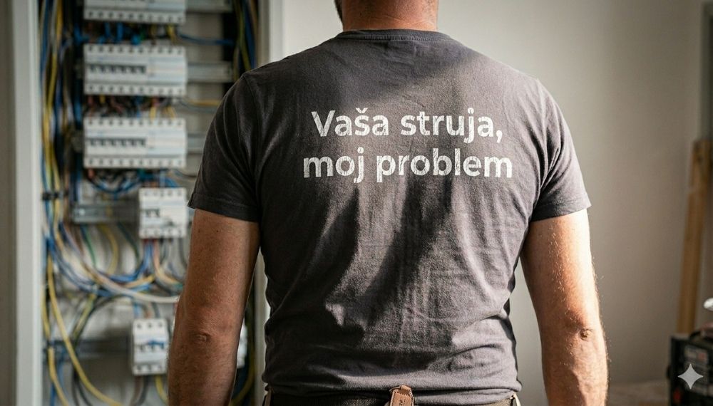 Električar nosi brendiranu majicu sa jasnom porukom dok stoji ispred elektro ormara