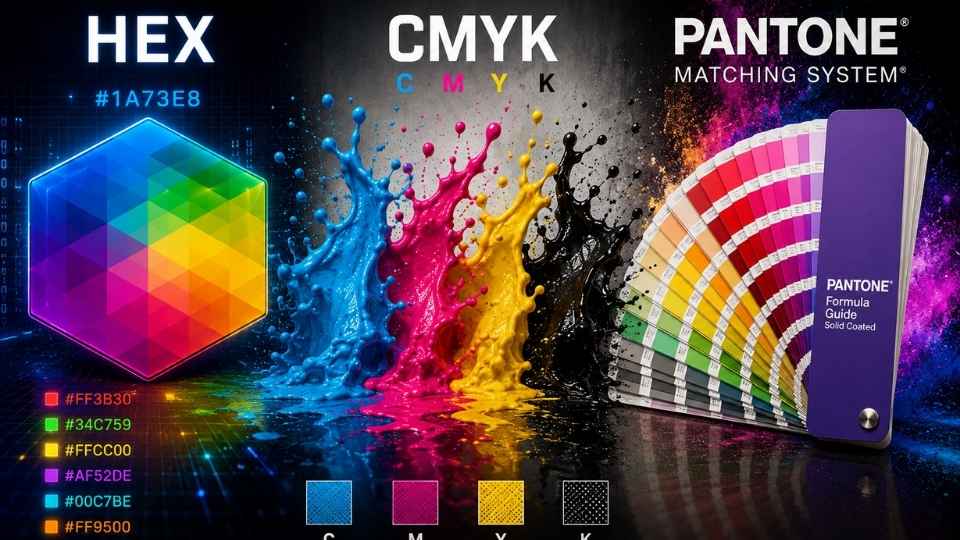 Prikaz razlike između HEX digitalnih boja, CMYK štampe i Pantone sistema nijansi