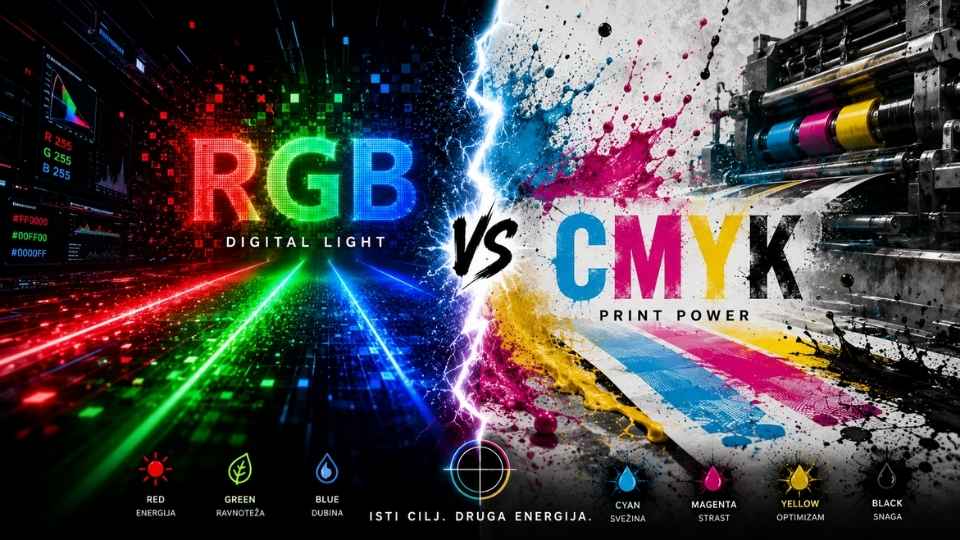 Vizuelno poređenje RGB digitalnog prikaza i CMYK procesa štampe