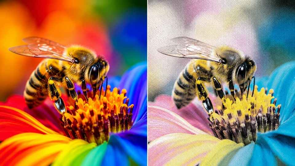 Poređenje živih RGB boja i bleđeg CMYK prikaza fotografije pčele na cvetu